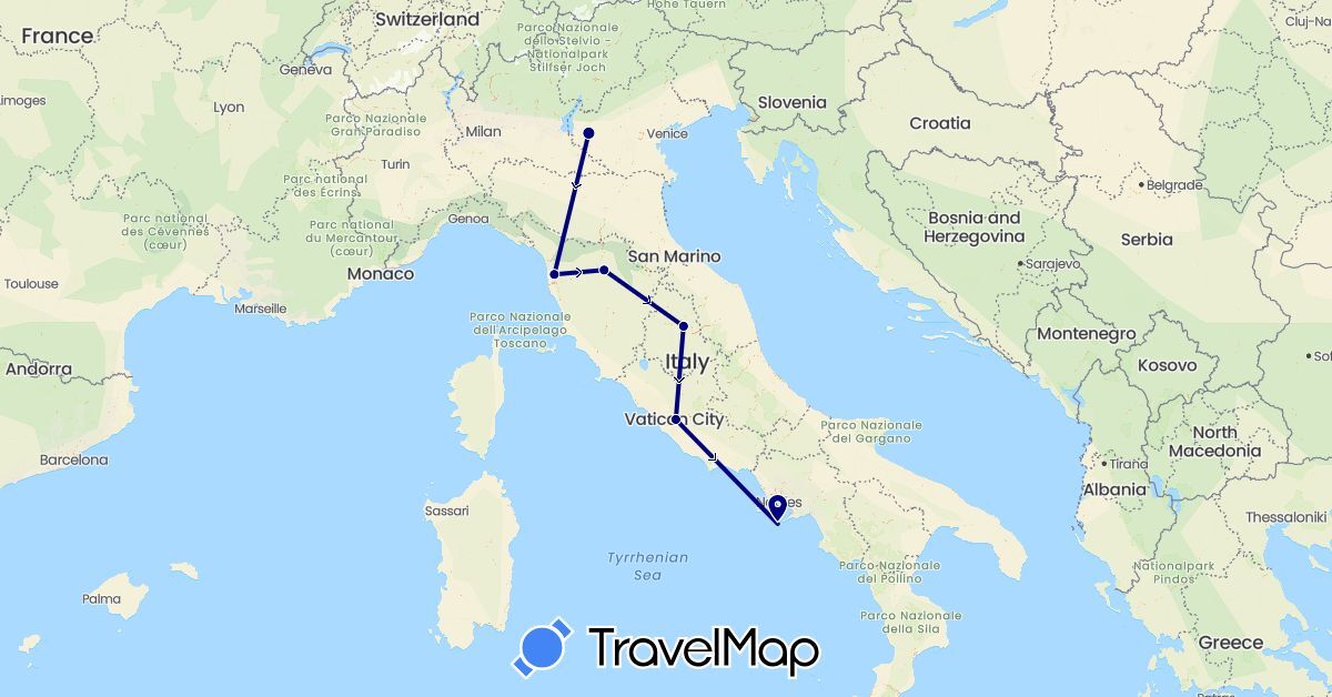 TravelMap itinerary: driving in Austria, Switzerland, Czech Republic, France, Croatia, Hungary, Italy, Slovenia, Vatican City (Europe)